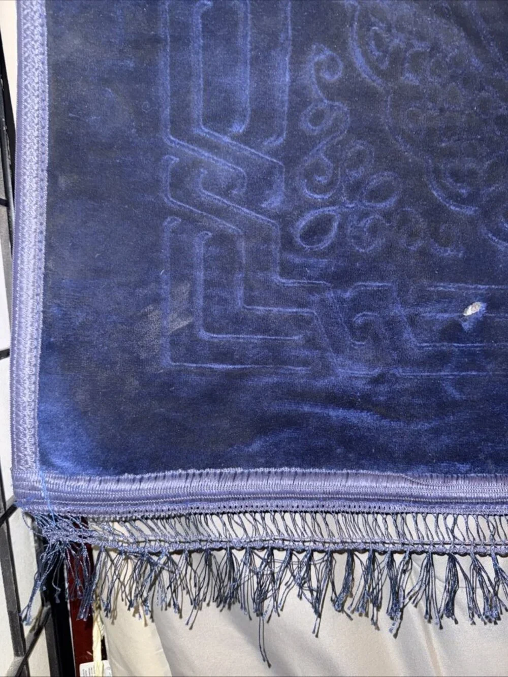 Blue Soft Velvet Throw Rug Asian Style double sided fringe 45L”x31.5W” BURN HOLE